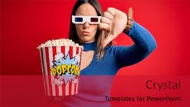  Presentation with movie popcorn - PPT theme enhanced with young-blonde-woman-wearing-3d background and a crimson colored foreground