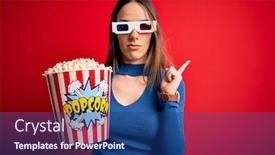  Presentation with movie popcorn - Beautiful PPT theme featuring young-blonde-woman-wearing-3d backdrop and a ocean colored foreground