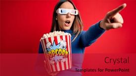  Presentation with movie popcorn - Amazing PPT theme having young-blonde-woman-wearing-3d backdrop and a crimson colored foreground