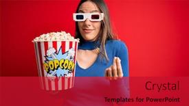  Presentation with popcorn movie - Amazing presentation theme having young-blonde-woman-wearing-3d backdrop and a crimson colored foreground