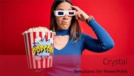  Presentation with movie popcorn - Presentation with young-blonde-woman-wearing-3d background and a crimson colored foreground