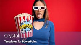  Presentation with popcorn movie - PPT theme featuring young-blonde-woman-wearing-3d background and a ocean colored foreground