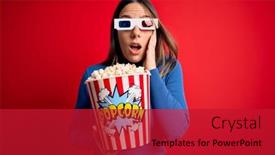  Presentation with popcorn movie - Audience pleasing PPT theme consisting of young-blonde-woman-wearing-3d backdrop and a crimson colored foreground