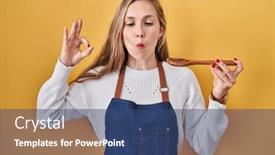  Presentation with food fish - PPT theme having young-blonde-woman-wearing-apron background and a ocean colored foreground