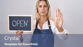  Presentation with apron - PPT theme consisting of young-blonde-woman-wearing-apron background and a ocean colored foreground