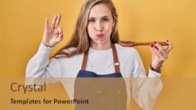  Presentation with puffing - PPT layouts enhanced with young-blonde-woman-wearing-apron background and a yellow colored foreground