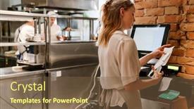  Presentation with restaurant kitchen - PPT layouts having young-blonde-woman-wearing-apron background and a tawny brown colored foreground