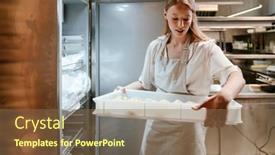  Presentation with refrigerator - Theme consisting of young-blonde-woman-wearing-apron background and a violet colored foreground