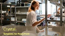  Presentation with restaurant kitchen - PPT layouts having young-blonde-woman-wearing-apron background and a violet colored foreground