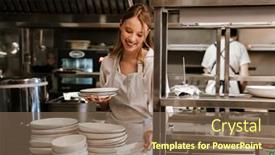  Presentation with restaurant kitchen - PPT theme featuring young-blonde-woman-wearing-apron background and a violet colored foreground