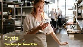  Presentation with restaurant kitchen - Slide deck enhanced with young-blonde-woman-wearing-apron background and a tawny brown colored foreground