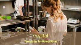  Presentation with restaurant kitchen - Presentation theme enhanced with young-blonde-woman-wearing-apron background and a coral colored foreground