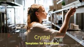  Presentation with restaurant kitchen - Presentation theme featuring young-blonde-woman-wearing-apron background and a tawny brown colored foreground