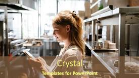  Presentation with restaurant kitchen - Presentation design consisting of young-blonde-woman-wearing-apron background and a coral colored foreground