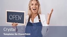  Presentation with woman hands open - Slide set with young-blonde-woman-wearing-apron background and a ocean colored foreground