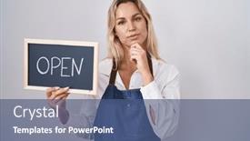  Presentation with question word - Slides featuring young-blonde-woman-wearing-apron background and a  colored foreground