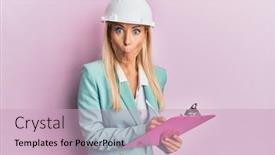  Presentation with architect - Audience pleasing slide deck consisting of young-blonde-woman-wearing-architect backdrop and a soft green colored foreground