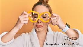  Presentation with woman crying - Beautiful PPT layouts featuring young-blonde-woman-wearing-bathrobe backdrop and a coral colored foreground