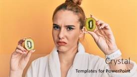  Presentation with kiwi - Beautiful PPT theme featuring young-blonde-woman-wearing-bathrobe backdrop and a coral colored foreground