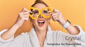  Presentation with anger - Presentation design consisting of young-blonde-woman-wearing-bathrobe background and a coral colored foreground