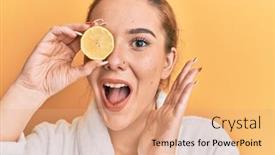  Presentation with achievement - Beautiful PPT theme featuring young-blonde-woman-wearing-bathrobe backdrop and a coral colored foreground