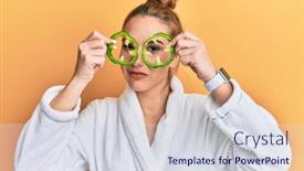  Presentation with simple green - Cool new PPT theme with young-blonde-woman-wearing-bathrobe backdrop and a sky blue colored foreground