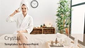  Presentation with spa concept - Slide set with young-blonde-woman-wearing-bathrobe background and a  colored foreground