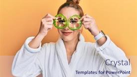  Presentation with cool - PPT layouts with young-blonde-woman-wearing-bathrobe background and a sky blue colored foreground