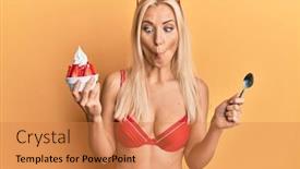  Presentation with ice cream - Slide deck with young-blonde-woman-wearing-bikini background and a coral colored foreground