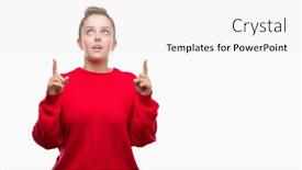  Presentation with fingers - Beautiful theme featuring young blonde woman wearing bun and red sweater amazed and surprised looking up and pointing with fingers and raised arms backdrop and a white colored foreground