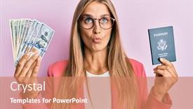 Presentation with passport - Colorful slide deck enhanced with young-blonde-woman-wearing-business backdrop and a coral colored foreground