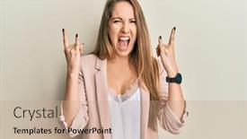  Presentation with music business - PPT theme having young-blonde-woman-wearing-business background and a coral colored foreground