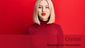  Presentation with puffing - PPT theme having young-blonde-woman-wearing-casual background and a crimson colored foreground
