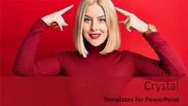 Presentation with great idea - Colorful presentation theme enhanced with young-blonde-woman-wearing-casual backdrop and a crimson colored foreground
