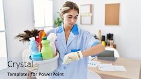  Presentation with cleaning - PPT layouts consisting of young-blonde-woman-wearing-cleaner background and a light blue colored foreground