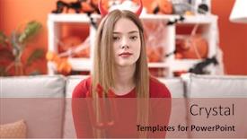  Presentation with devil - Presentation design having young-blonde-woman-wearing-devil background and a coral colored foreground