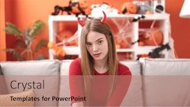  Presentation with devil - Presentation design consisting of young-blonde-woman-wearing-devil background and a coral colored foreground