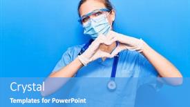  Presentation with heart hands - Audience pleasing presentation design consisting of young-blonde-woman-wearing-doctor backdrop and a teal colored foreground