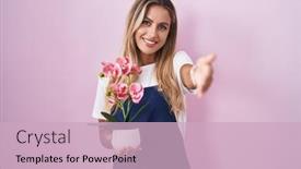  Presentation with young plant - PPT theme enhanced with young-blonde-woman-wearing-gardener background and a soft green colored foreground