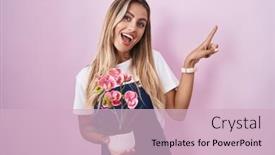  Presentation with hand holding plant - Presentation theme with young-blonde-woman-wearing-gardener background and a soft green colored foreground