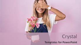  Presentation with hand holding plant - Presentation theme enhanced with young-blonde-woman-wearing-gardener background and a soft green colored foreground