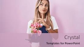  Presentation with young plant - Slide deck having young-blonde-woman-wearing-gardener background and a  colored foreground