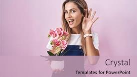  Presentation with hand holding plant - Presentation with young-blonde-woman-wearing-gardener background and a soft green colored foreground