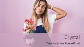  Presentation with hand holding plant - PPT layouts featuring young-blonde-woman-wearing-gardener background and a  colored foreground