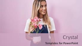  Presentation with apron - Slides enhanced with young-blonde-woman-wearing-gardener background and a  colored foreground