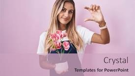  Presentation with hand holding plant - Presentation theme with young-blonde-woman-wearing-gardener background and a soft green colored foreground