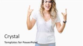  Presentation with teal design music symbol - Presentation theme enhanced with beautiful young blonde woman wearing glasses over isolated background shouting with crazy expression doing rock symbol with hands up music star heavy concept background and a white colored foreground