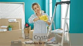  Presentation with woman stuck in ladder - Presentation consisting of young-blonde-woman-wearing-gloves background and a coral colored foreground