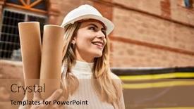  Presentation with street - Theme consisting of young-blonde-woman-wearing-hardhat background and a  colored foreground