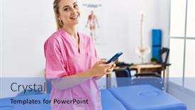  Presentation with physiotherapy - Slides enhanced with young-blonde-woman-wearing-physiotherapist background and a light blue colored foreground